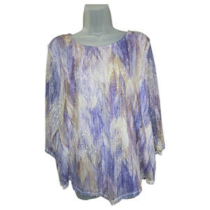 Alfred Dunner Wom LG Purple Watercolor Mesh Sleeve Top Artsy Spring Ethereal EUC